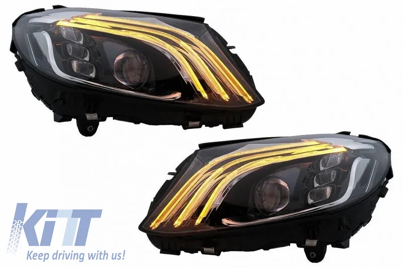 Headlights Set Suitable for Mercedes-Benz C-Class W205 14-20 Upgrade to Maybach Full LED DRL Black with Motor Carrier
