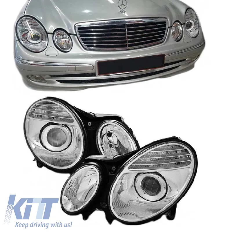 Headlights Set Suitable for Mercedes-Benz E-Class W211 02-06 Chrome Facelift Look H7/H7 (Halogen) With Motor Depo