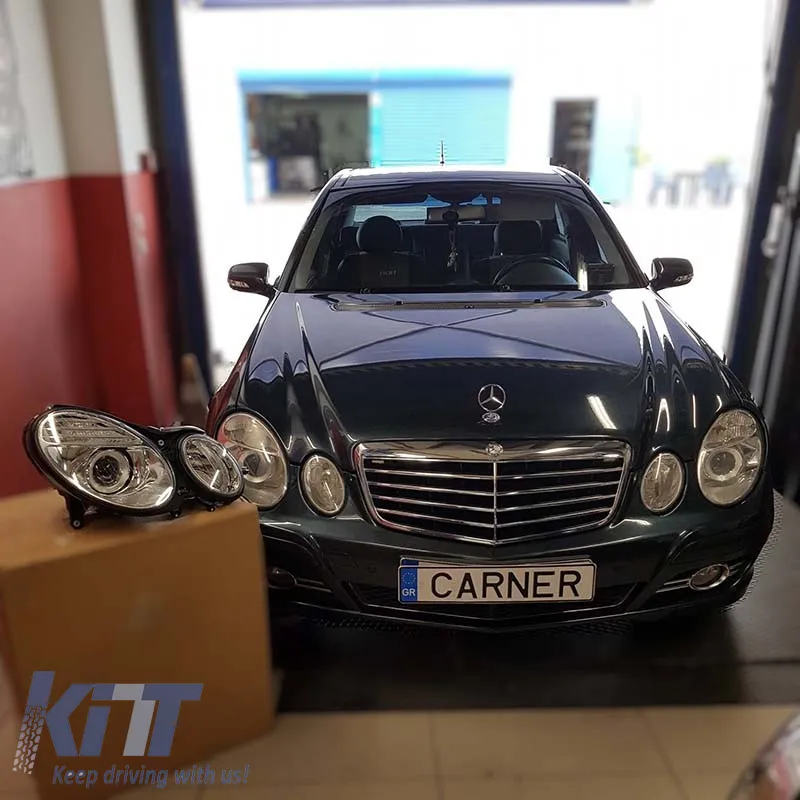 Headlights Set Suitable for Mercedes-Benz E-Class W211 02-06 Chrome Facelift Look H7/H7 (Halogen) With Motor Depo