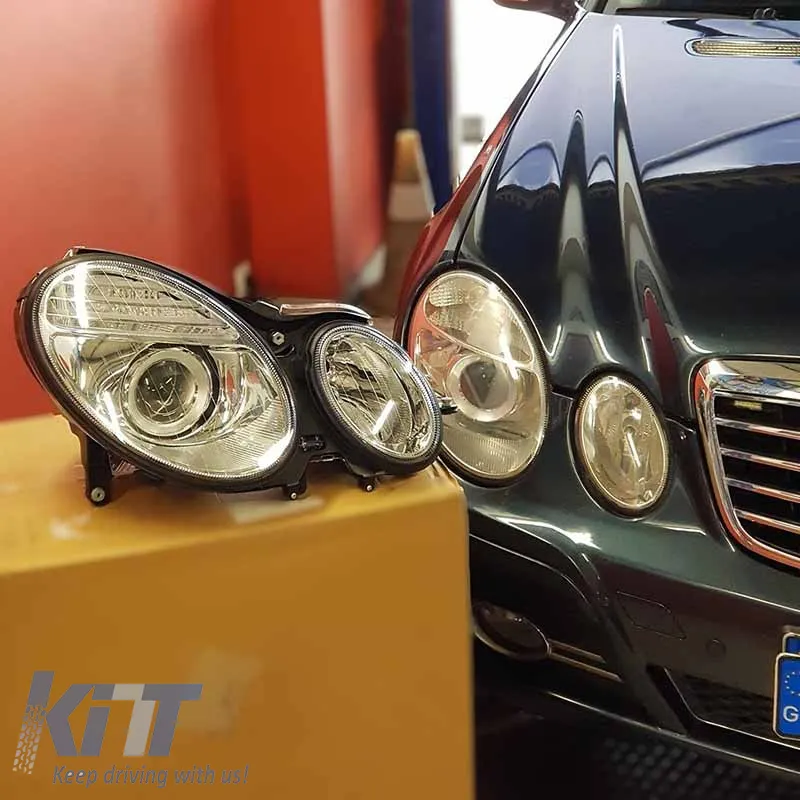 Headlights Set Suitable for Mercedes-Benz E-Class W211 02-06 Chrome Facelift Look H7/H7 (Halogen) With Motor Depo