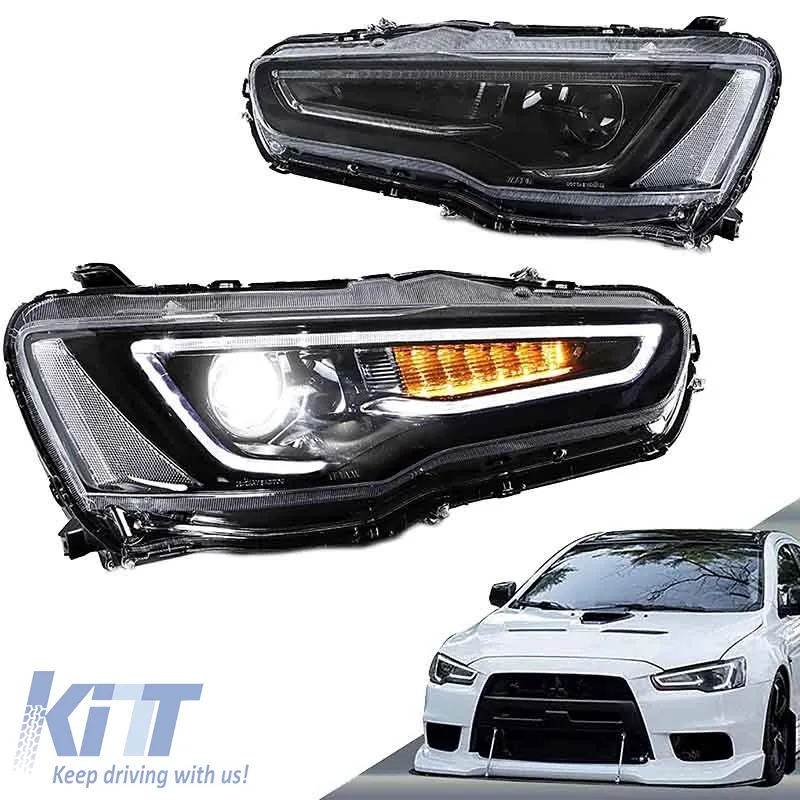 Headlights Set Suitable for Mitsubishi Lancer 07-17 DRL Led Tube & Dynamic Signal Black/Chrome H7 Manual VLAND
