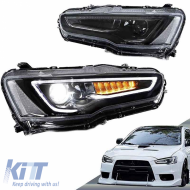 Headlights Set Suitable for Mitsubishi Lancer 07-17 DRL Led Tube & Dynamic Signal Black/Chrome H7 Manual VLAND