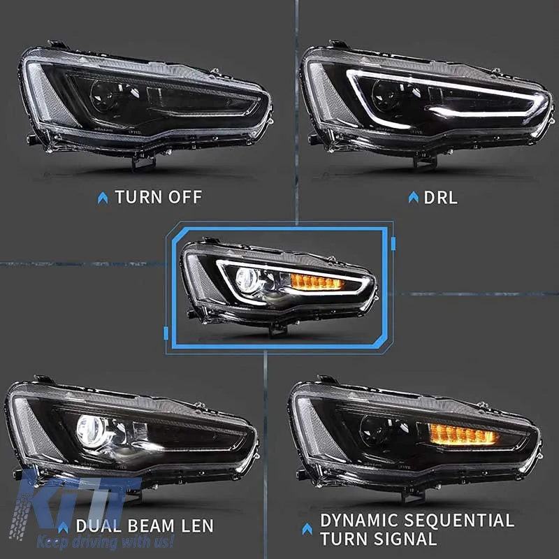 Headlights Set Suitable for Mitsubishi Lancer 07-17 DRL Led Tube & Dynamic Signal Black/Chrome H7 Manual VLAND