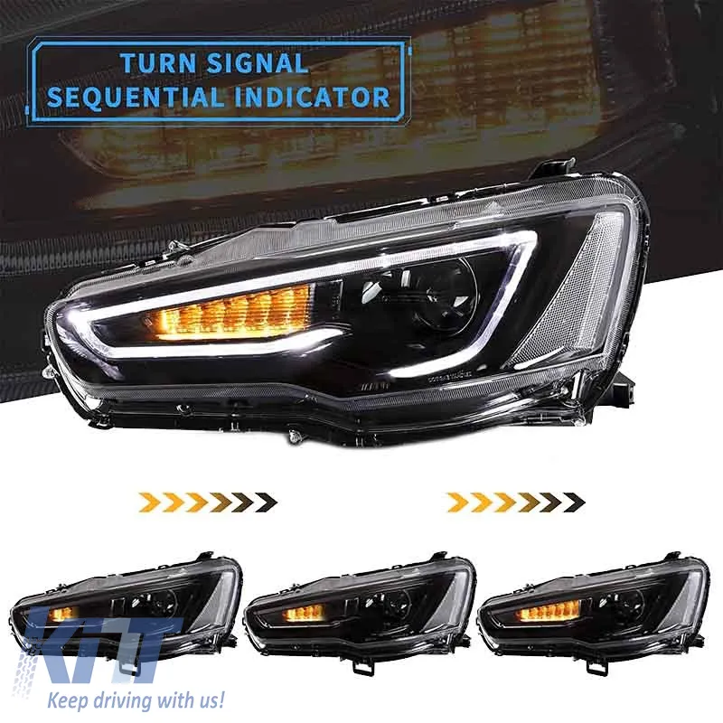 Headlights Set Suitable for Mitsubishi Lancer 07-17 DRL Led Tube & Dynamic Signal Black/Chrome H7 Manual VLAND