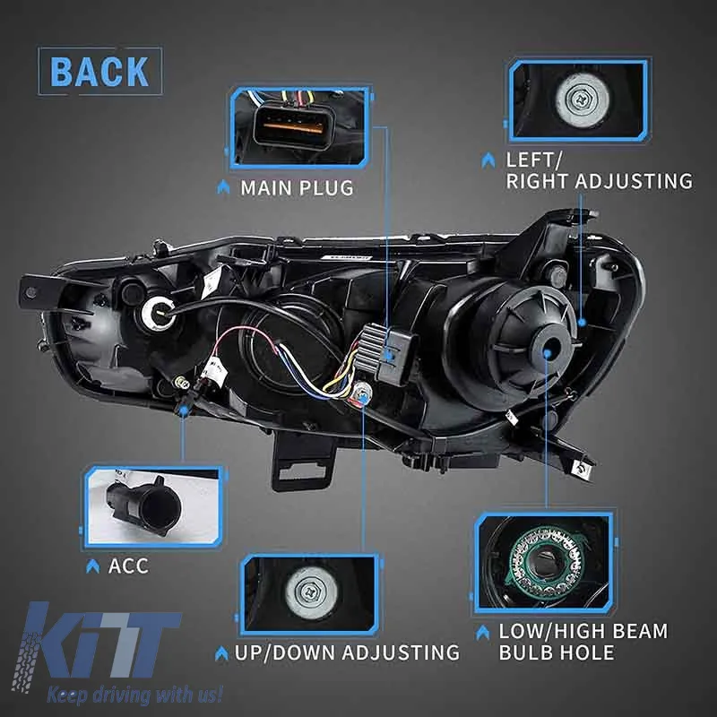 Headlights Set Suitable for Mitsubishi Lancer 07-17 DRL Led Tube & Dynamic Signal Black/Chrome H7 Manual VLAND