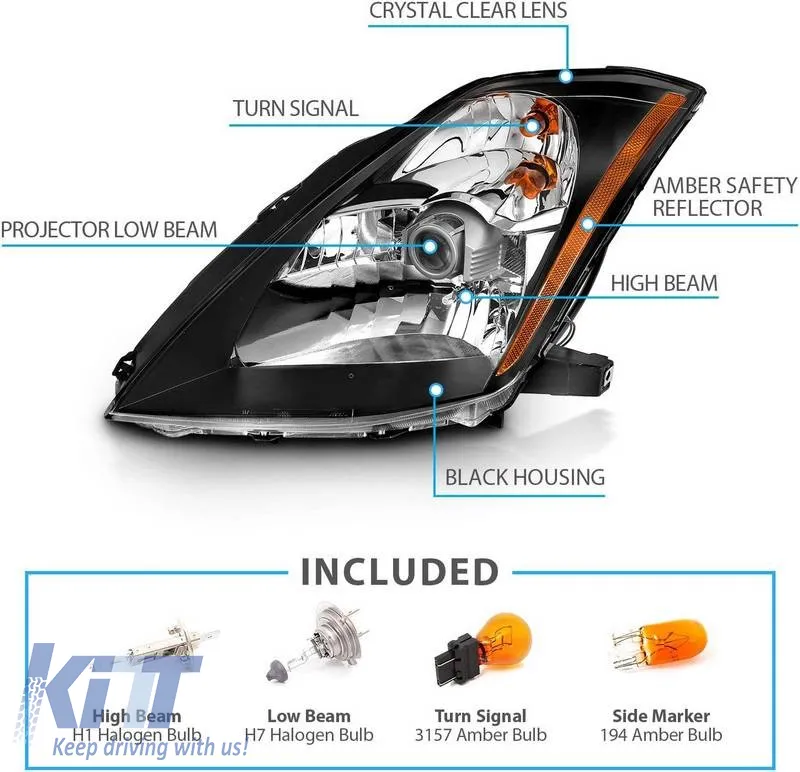 Headlights Set Suitable for Nissan 350Z 03-05 Projector Black H7/H1 Manual