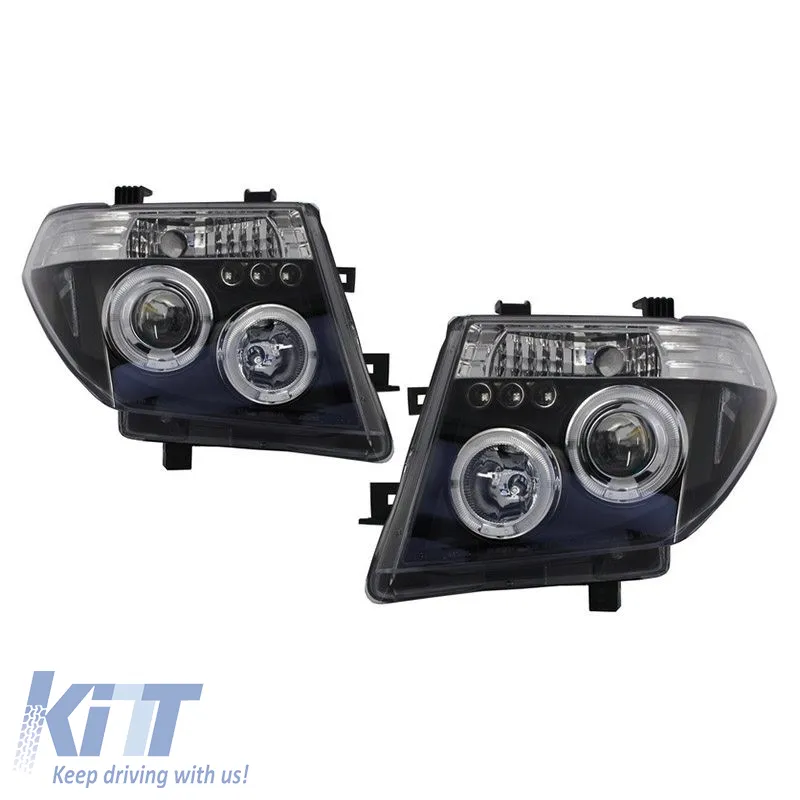 Headlights Set Suitable for Nissan Navara D40 05-10 Angel Eyes & Led Black H1/H1 Manual JunYan