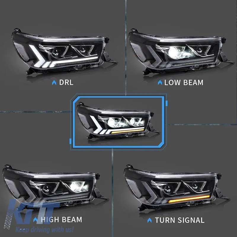 Headlights Set Suitable for Toyota Hilux Revo 15-19 With Dynamic Start DRL & Signal Black With Motor VLand