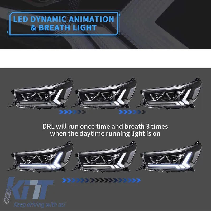 Headlights Set Suitable for Toyota Hilux Revo 15-19 With Dynamic Start DRL & Signal Black With Motor VLand