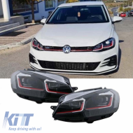Headlights Set Suitable for VW Golf 7.5 17-19 Facelift DRL & Dynamic Signal Black/Red Line GTI Look H7 With Motor Carrier