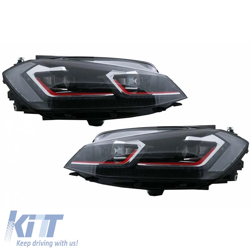 Headlights Set Suitable for VW Golf 7.5 17-19 Facelift DRL & Dynamic Signal Black/Red Line GTI Look H7 With Motor Carrier