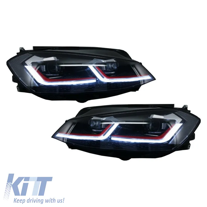 Headlights Set Suitable for VW Golf 7.5 17-19 Facelift DRL & Dynamic Signal Black/Red Line GTI Look H7 With Motor Carrier