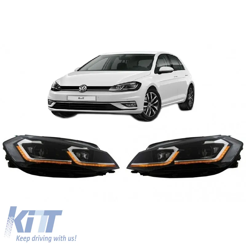 Headlights Set Suitable for VW Golf 7.5 17-19 Facelift DRL & Dynamic Signal Black/Chrome Line GTI Look H7 With Motor Carner