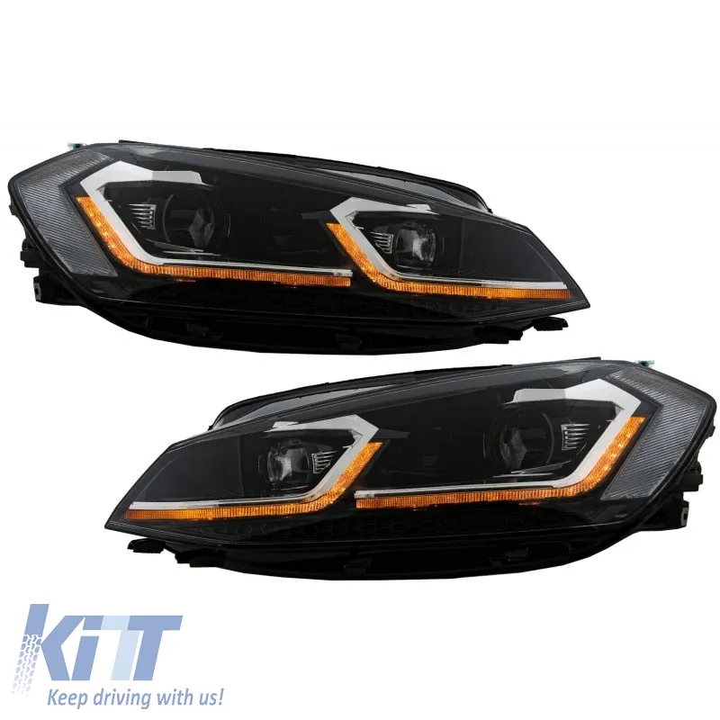 Headlights Set Suitable for VW Golf 7.5 17-19 Facelift DRL & Dynamic Signal Black/Chrome Line GTI Look H7 With Motor Carner