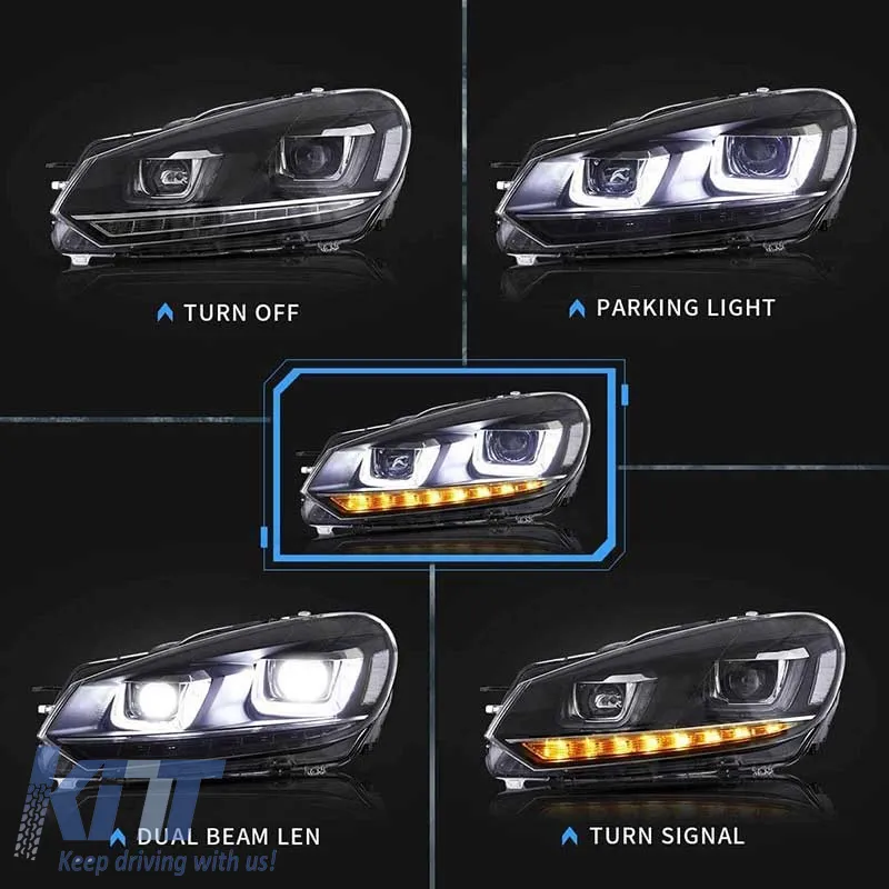 Headlights Set suitable for VW Golf VI (6) 08-12 DRL U-Type & Dynamic Signal Black H7/H7 With Motor VLand
