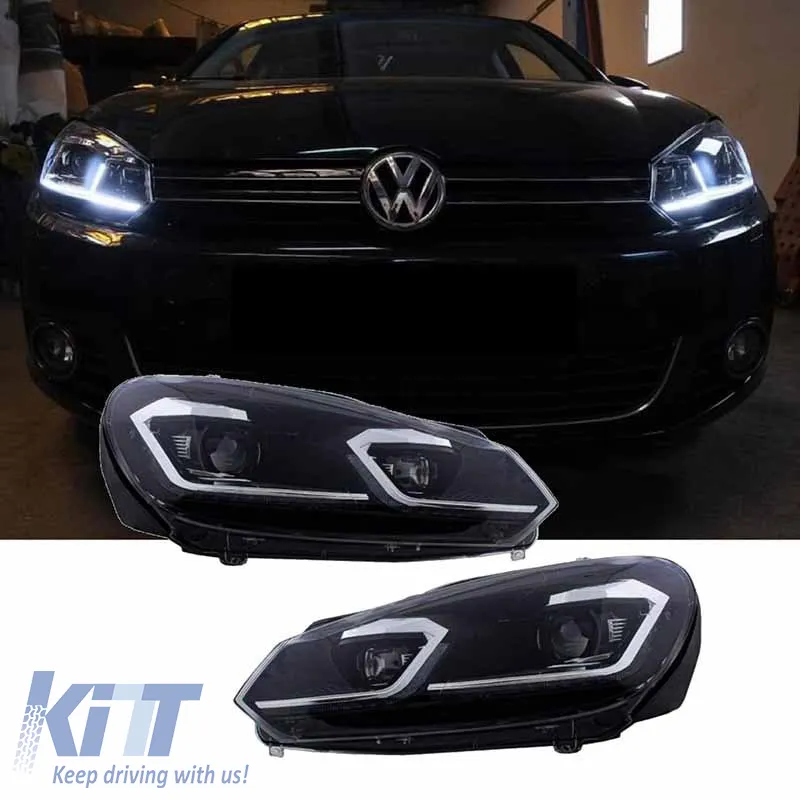 Headlights Set suitable for VW Golf VI (6) 08-12 DRL & LED Signal Dynamic Look Golf 7.5 Black/Silver Line H7 With Motor Carrier
