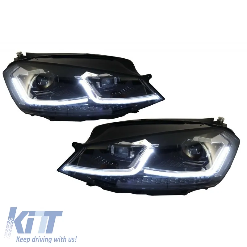 Headlights Set suitable for VW Golf VII (7) 12-17 Look 7.5 GTI Black/Silver Line H7 With Motor Carner