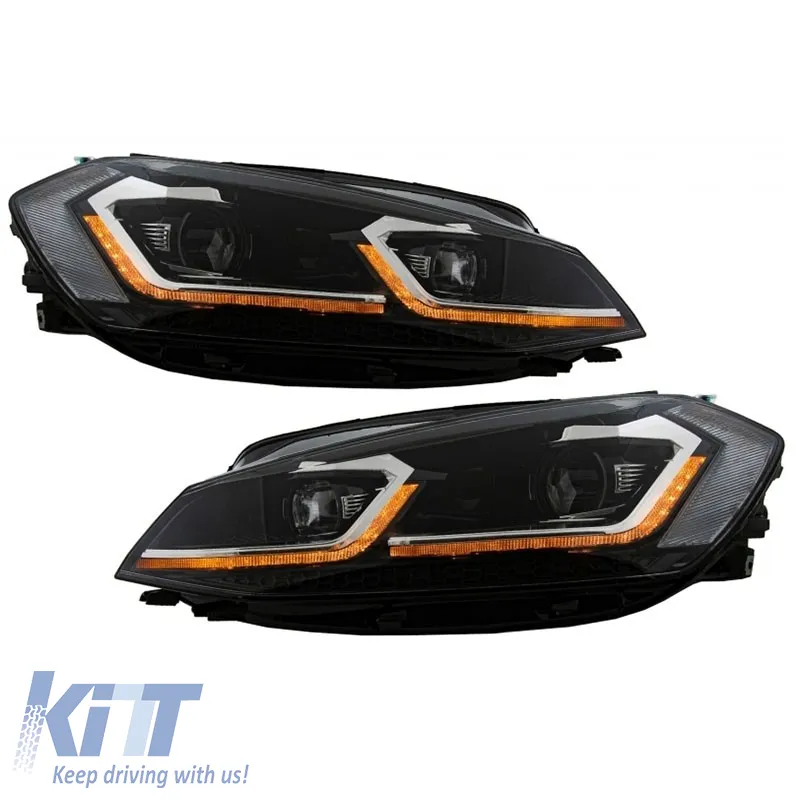 Headlights Set suitable for VW Golf VII (7) 12-17 Look 7.5 GTI Black/Silver Line H7 With Motor Carner
