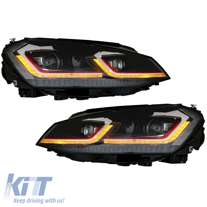 Headlights Set suitable for VW Golf VII (7) 12-17 Look 7.5 GTI Black/Red Line H7 With Motor Carner