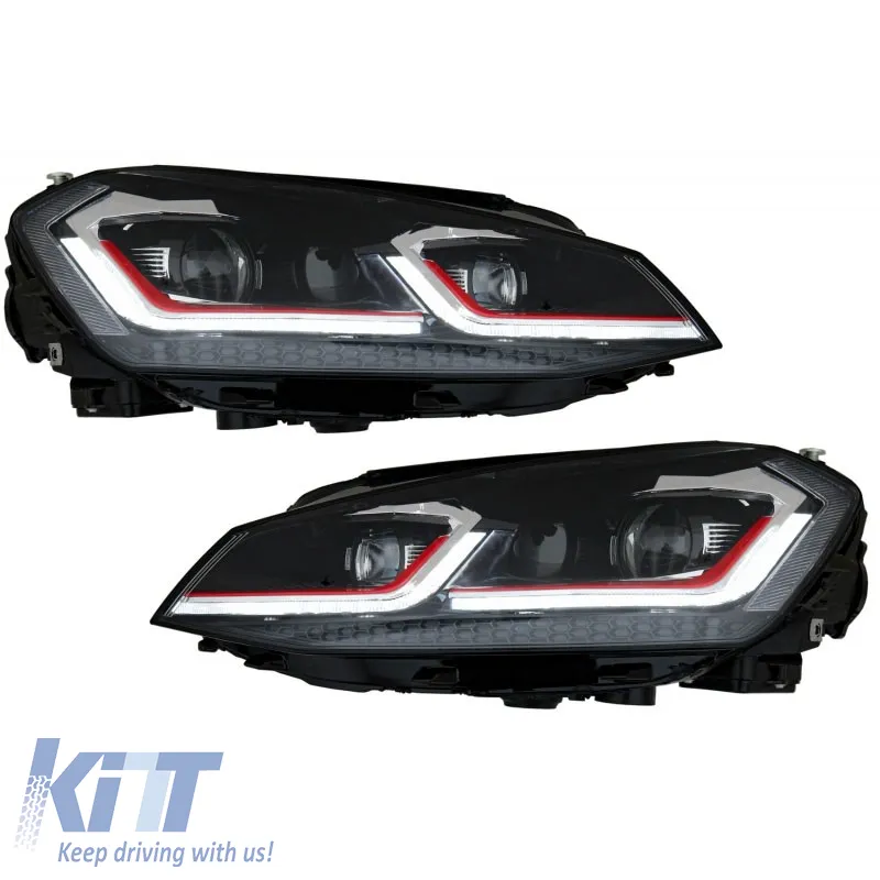 Headlights Set suitable for VW Golf VII (7) 12-17 Look 7.5 GTI Black/Red Line H7 With Motor Carner