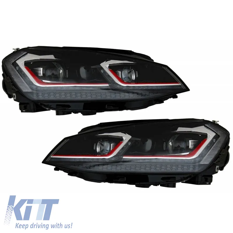 Headlights Set suitable for VW Golf VII (7) 12-17 Look 7.5 GTI Black/Red Line H7 With Motor Carner