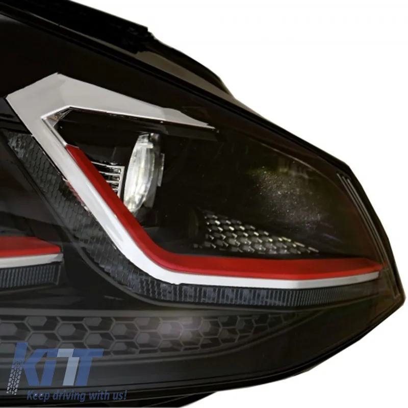 Headlights Set suitable for VW Golf VII (7) 12-17 Look 7.5 GTI Black/Red Line H7 With Motor Carner