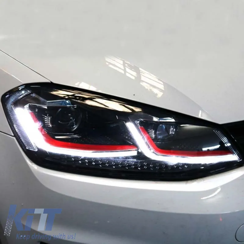 Headlights Set suitable for VW Golf VII (7) 12-17 Look 7.5 GTI Black/Red Line H7 With Motor Carner