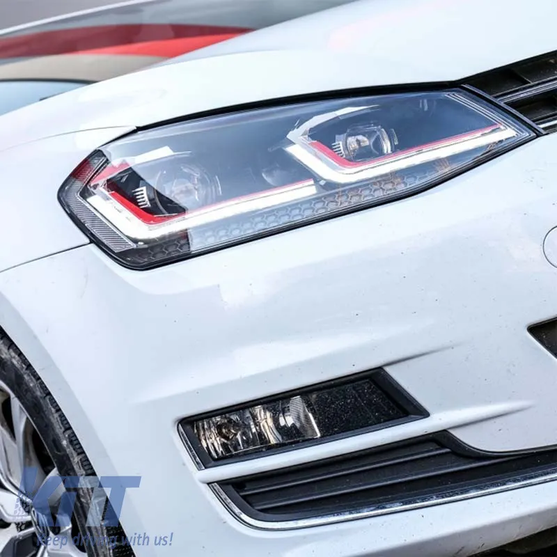 Headlights Set suitable for VW Golf VII (7) 12-17 Look 7.5 GTI Black/Red Line H7 With Motor Carner