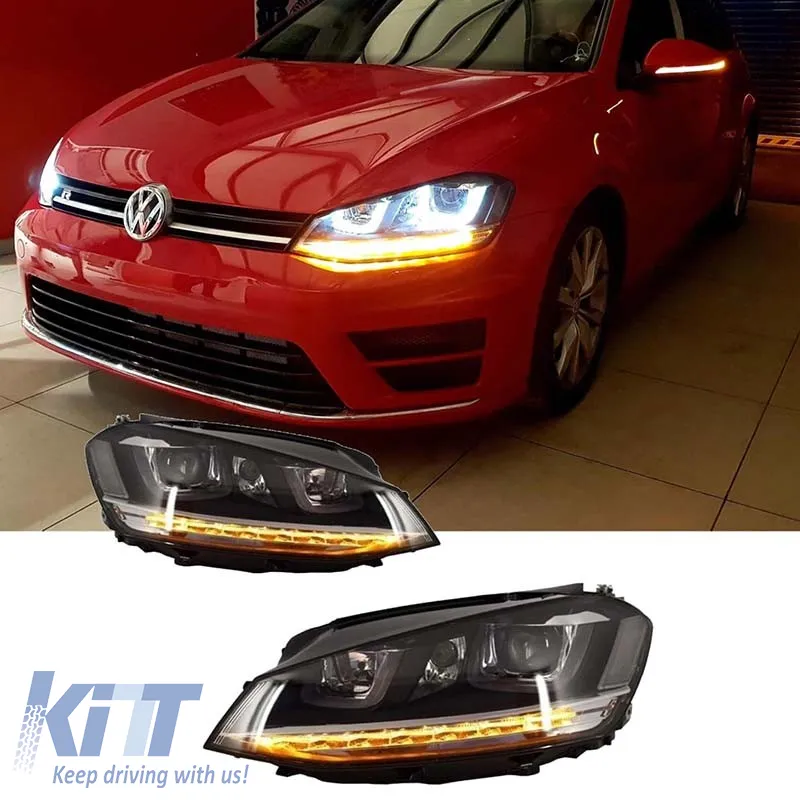 Headlights Set suitable for VW Golf VII (7) 12-17 U-Type DRL & Led Signal Dynamic GTI R-Line Look Black H7/H7 With Motor Carner