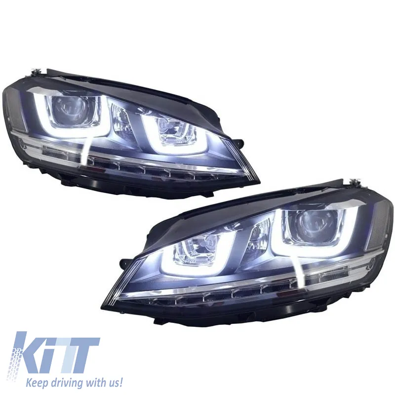 Headlights Set suitable for VW Golf VII (7) 12-17 U-Type DRL & Led Signal Dynamic GTI R-Line Look Black H7/H7 With Motor Carner