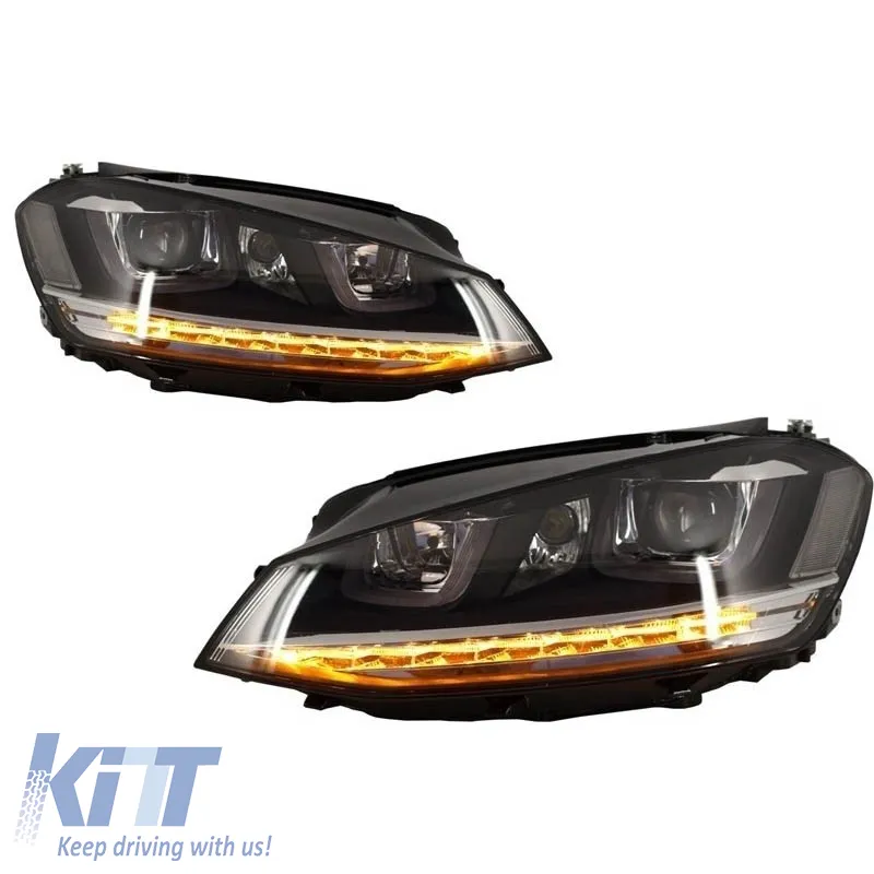 Headlights Set suitable for VW Golf VII (7) 12-17 U-Type DRL & Led Signal Dynamic GTI R-Line Look Black H7/H7 With Motor Carner