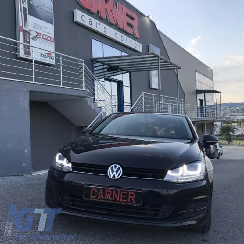 Headlights Set suitable for VW Golf VII (7) 12-17 U-Type DRL & Led Signal Dynamic GTI R-Line Look Black H7/H7 With Motor Carner