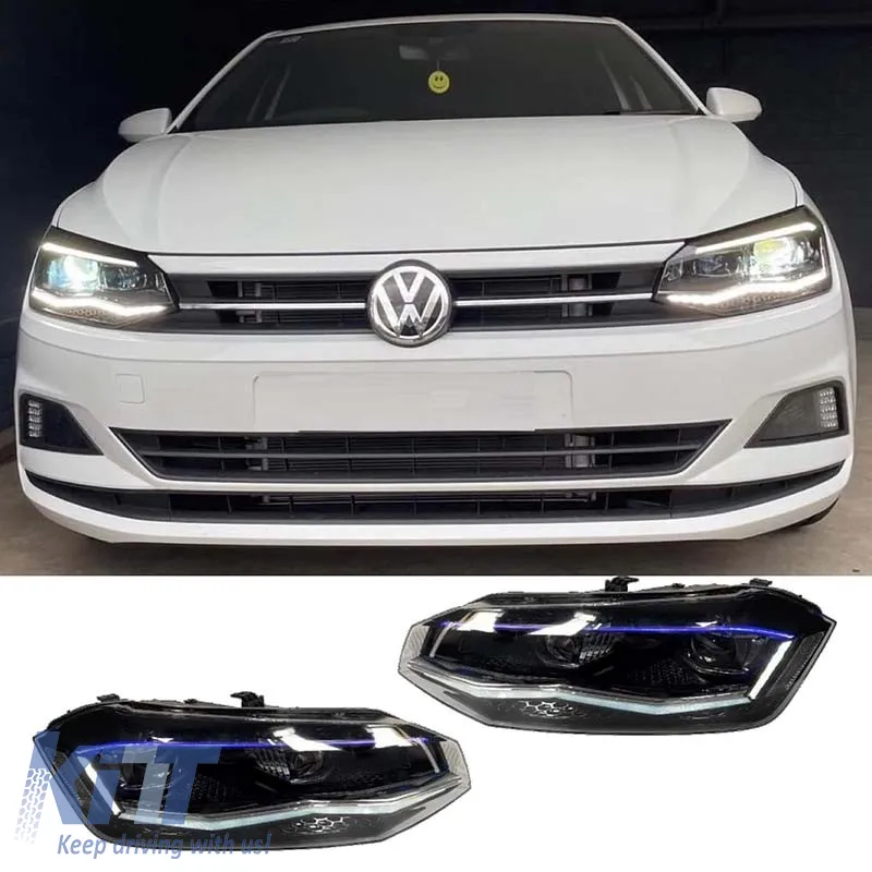 Headlights Set Suitable for VW Polo AW 17+ DRL LED Tube GTI Look Black/Silver Line Upgrade with Xenon with Motor Carrier