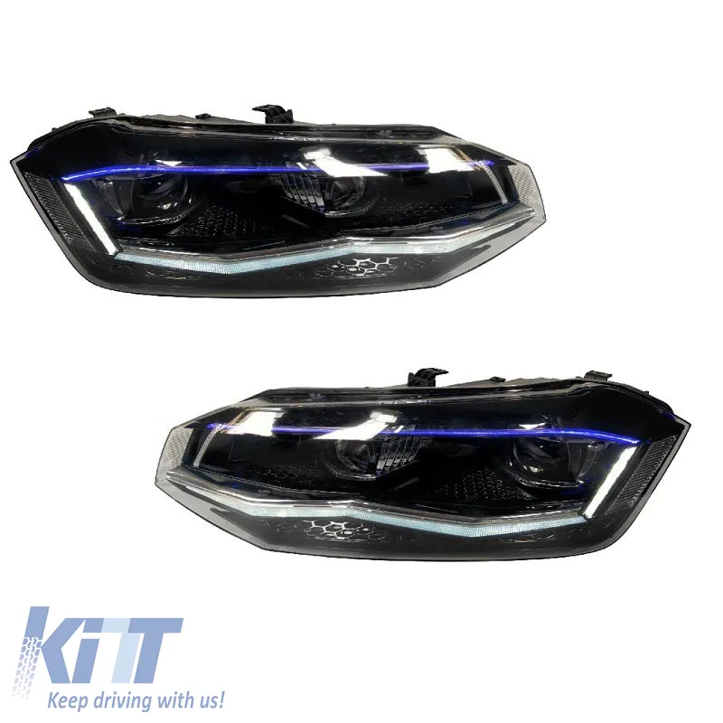 Headlights Set Suitable for VW Polo AW 17+ DRL LED Tube GTI Look Black/Silver Line Upgrade with Xenon with Motor Carrier