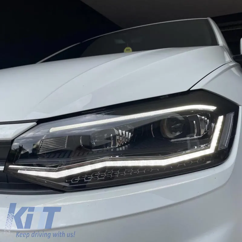 Headlights Set Suitable for VW Polo AW 17+ DRL LED Tube GTI Look Black/Silver Line Upgrade with Xenon with Motor Carrier