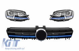 Headlights with Central Grille suitable for VW Golf 7 VII (2012-2017) GTE Design Blue Insertions and LED FLOWING Dynamic Sequential Turn Light - COFGVWG7BHLFW