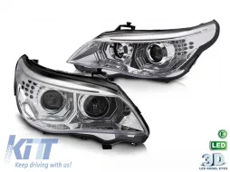 image-4-Kit de faros de tuning con ojos de ángel LED 3D adecuado para BMW Serie 5 E60 sedán, E61 touring 2003-2007 con base cromada, izquierdo y derecho, para el modelo con faros halógenos.