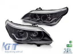 image-5-Kit de faros de tuning con ojos de ángel LED 3D adecuado para BMW Serie 5 E60 sedán, E61 touring 2003-2007 con base negra, izquierdo y derecho, para el modelo con faros halógenos.