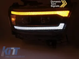 Kit de phares à LED tuning adapté pour Dodge Ram 1500 2019-2022 avec base noire, présentant des clignotants dynamiques, pour le modèle avec feux DRL d'origine, avec fonction 