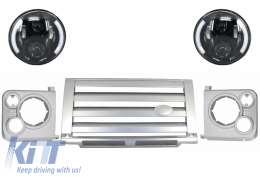 image-64-Középső hűtőrács és fényszóró fedő csomag Land ROVER Defender 90 110 (1990-2016) modellekhez, Ezüst SVX Dizájn, 7 colos CREE LED Első lámpákkal fekete