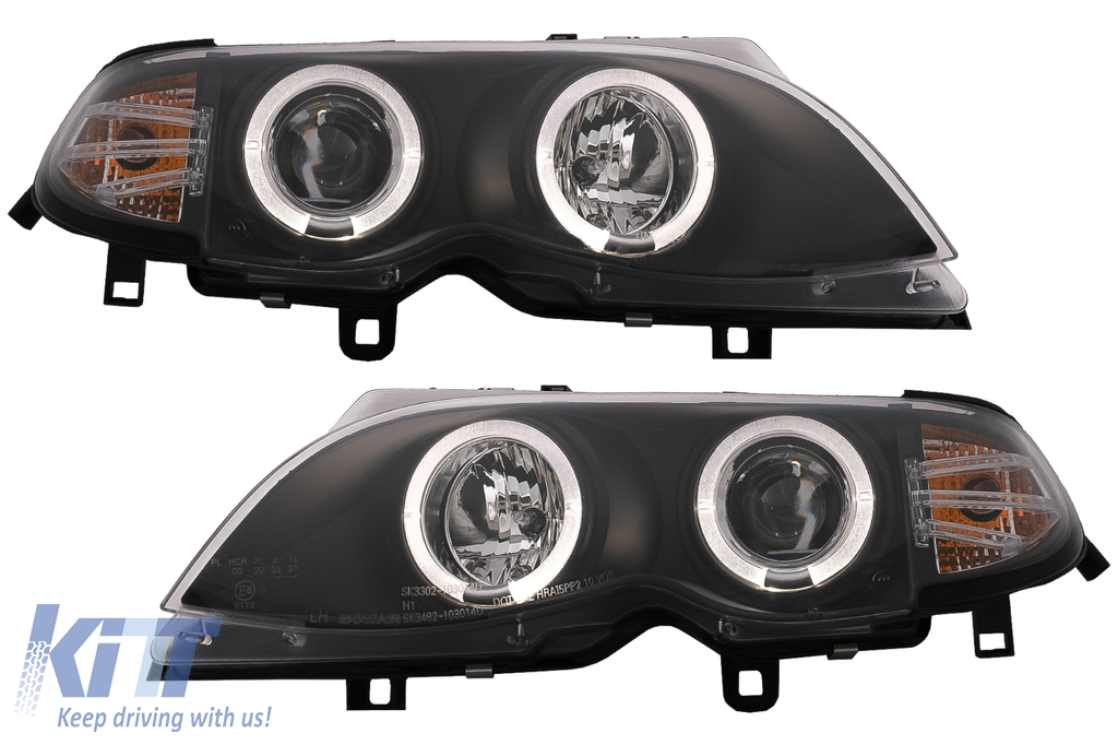 LED Angel Eyes fényszórók megfelelő BMW 3-as sorozat E46 Facelift Limousine Touring (2001-2005) fekete