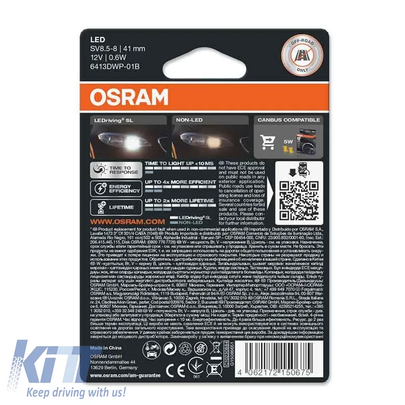 Led Bulb Festoon 41mm C5W SV8.5-8 12volt 0.6 watt 6000k Osram 6413DWP-01B 1pc
