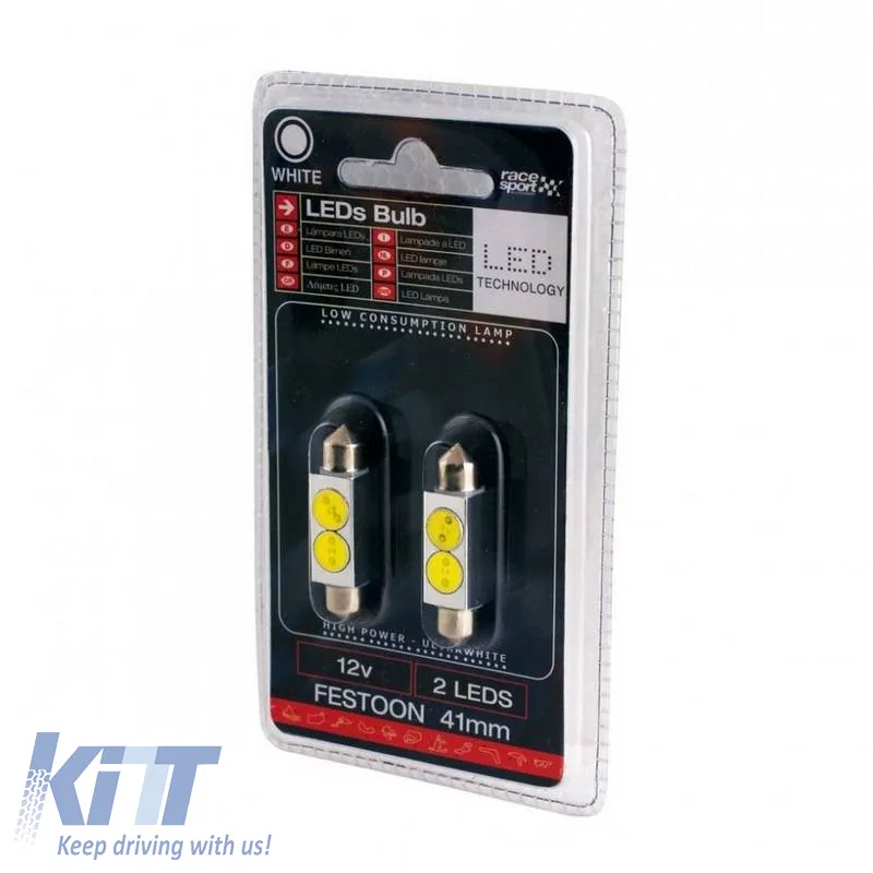 Led Bulbs Festoon 41mm 2 Leds 12volt White Color RaceSport LIT18BN 2pcs