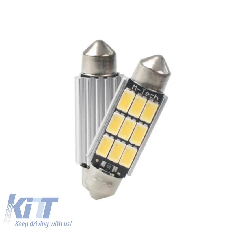 Led Bulbs Festoon 41mm 9 Leds 12volt White Color M-Tech LB816W 2 Pieces