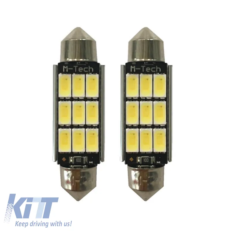 Led Bulbs Festoon 41mm 9 Leds 12volt White Color M-Tech LB816W 2 Pieces