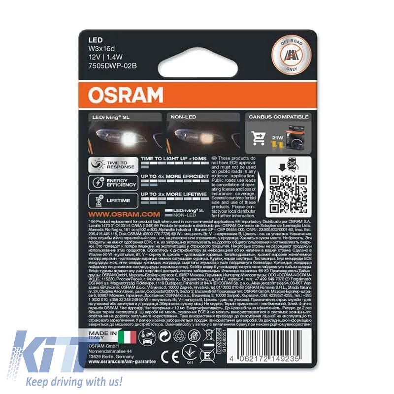 Led Bulbs T20 W21W / 3156 W3X16D 1.4watt 12volt Single White 6000k Osram 7505DWP-02B 2pcs