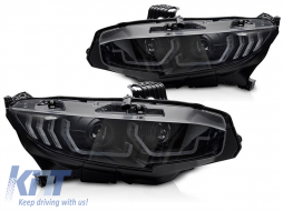 image-45-LED headlight set suitable for Honda Civic X 2016-2021 hatchback, sedan, coupe with black base, featuring dynamic turn signals, for the model with factory DRL lights, left and right