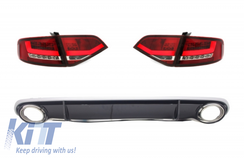 LED-es hátsó lámpák hátsó diffúzorral és kipufogóvégekkel, alkalmas AUDI A4 B8 8K Sedan (2007-2010) Red / Clear RS4 Designhoz