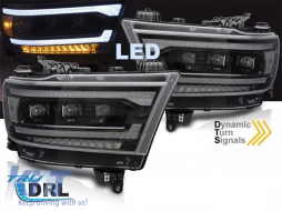 LED tuning headlight set suitable for Dodge Ram 1500 2019-2022 with black base, featuring dynamic turn signals, for the model with factory DRL lights, left and right-image-6238356