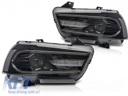 LED tuning headlight set suitable for Dodge Charger 2011-2015 with black base, featuring dynamic turn signals, for the model with factory DRL lights, left and right - ABDOHX6010545